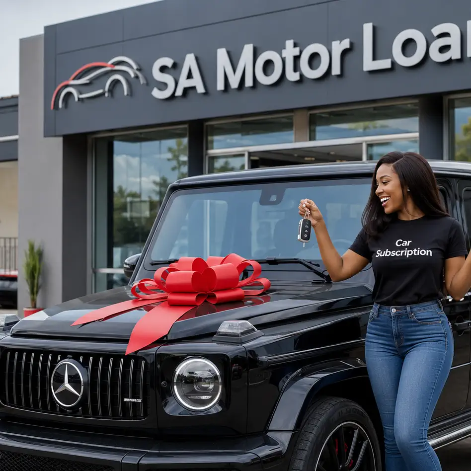 A smiling woman her new vehicle after successfully getting approved for a bad credit car subscription service in South Africa