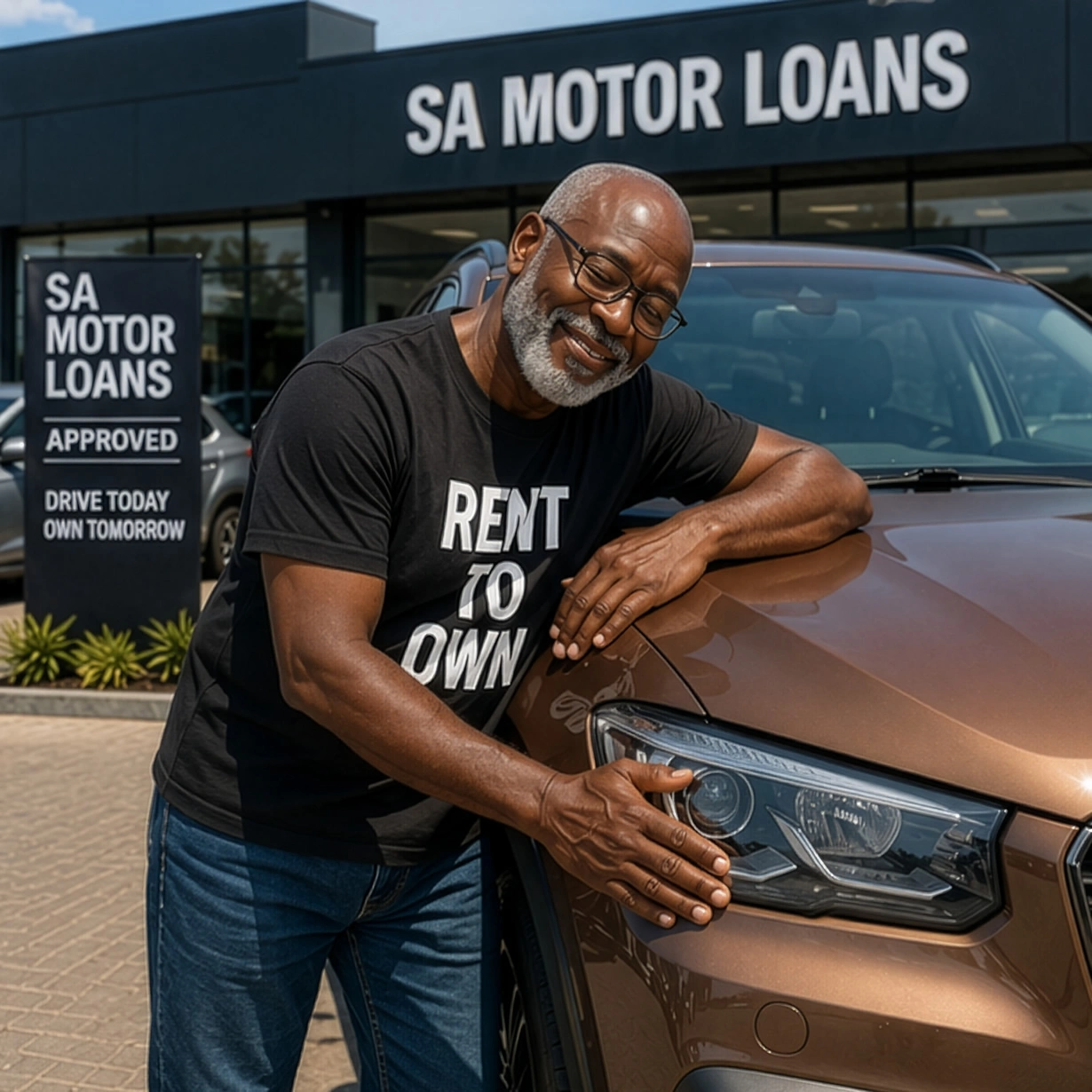 Approved blacklisted rent to own car is hugged by a South African women