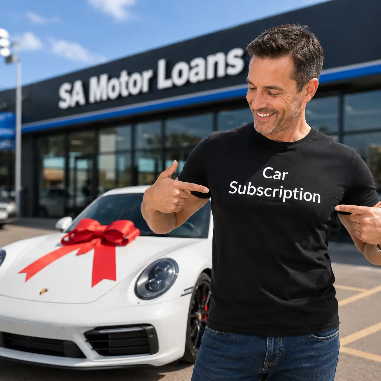A happy man holding car keys next to a new vehicle secured through a no deposit car subscription in South Africa