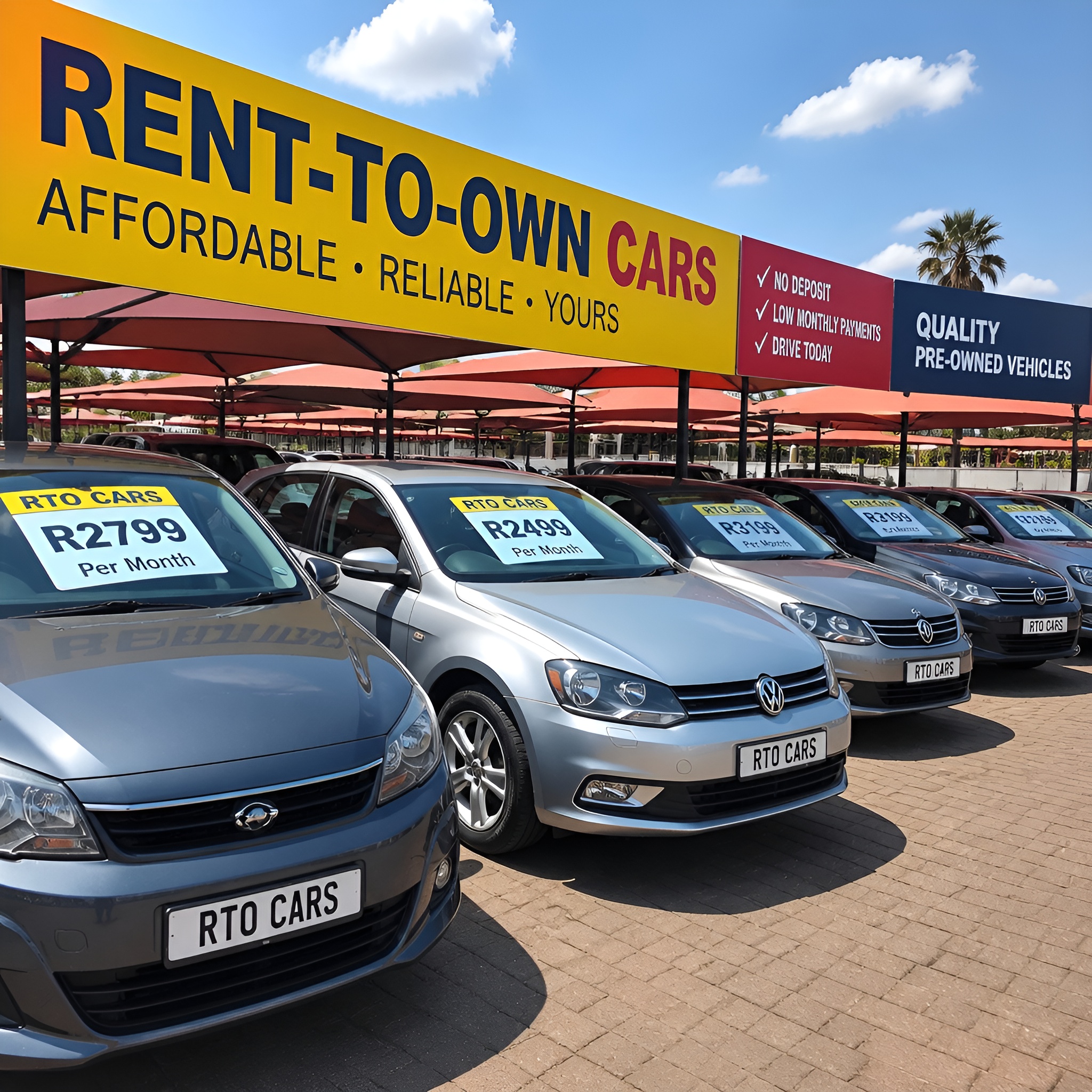 Rent to Cars parked at a dealership in South Africa.